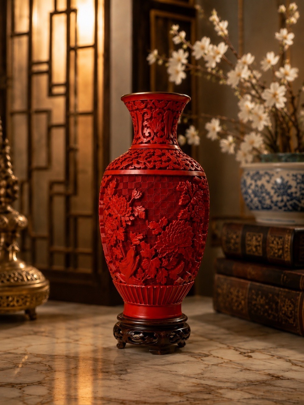 ♥️ Vintage Chinese Cinnabar Style Red Carved Lacquer Vase 🌹 Floral Asian Decor